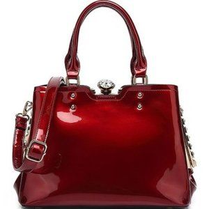 Burgundy Gem-Accent Patent Satchel